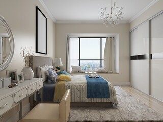 elegant and modern bedroom design, big bed with overcoat cabinet, coffee table