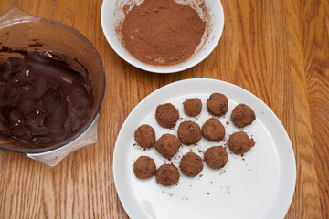 Homemade chocolate truffles with the ingredients