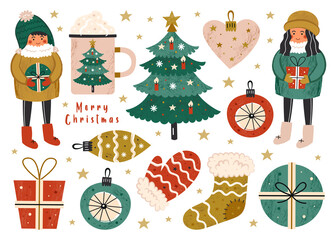 Merry Christmas cartoon clip art set of elements. Greeting card design. Girl, boy, presents, christmas tree decoration, sock, mitten, cup. Flat vector scandinavian design with textures.