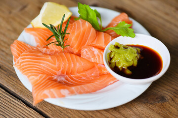 Wasabi sauce raw salmon filet / Fresh salmon fish for cooking salad seafood japanese food.