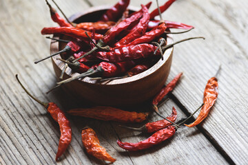 Dried chili on bowl / Red dried chilli pepper cayenne on a wooden background.