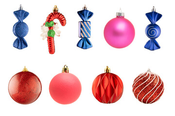 Christmas and new year toys, balls and candies, isolate on a white background