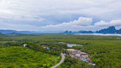 Aerial view of the path Both sides of the road are full of palm trees, Phang Nga, Thailand