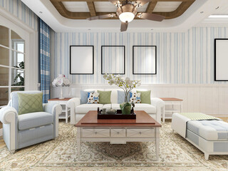 spacious living room design of modern residence, with sofa, tea table, decorative painting, etc