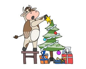 Doodle cow decorates the holiday tree new year