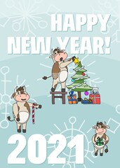 New Year greeting card and cow doodle drawing