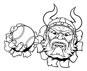 A viking warrior or barbarian baseball sports mascot cartoon character holding a ball