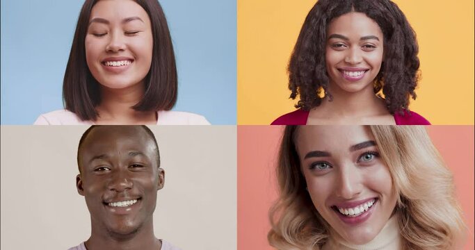 Collage of happy diverse millennial people smiling at camera over colorful studio background