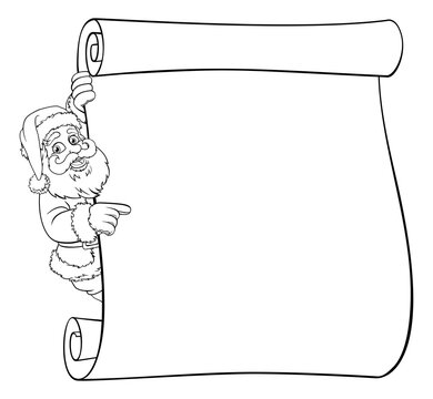 recommend clip art: A Santa Claus Christmas scroll cartoon sign black and white outline graphic