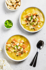 Crock pot split pea soup with smoked turkey. Space for text, top view.