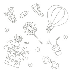 Vector line art Doodle cartoon set of objects.