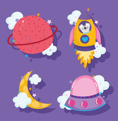space adventure galaxy in cartoon style planet rocket moon and ufo icons