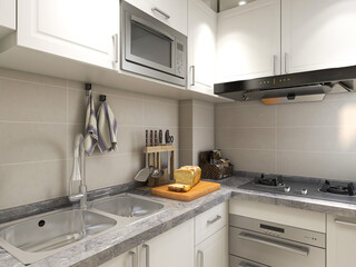 Modern family kitchen design, new cabinets and kitchenware with refrigerators, sunlight from the window.