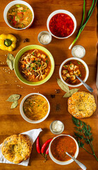 different kind of soups , top view