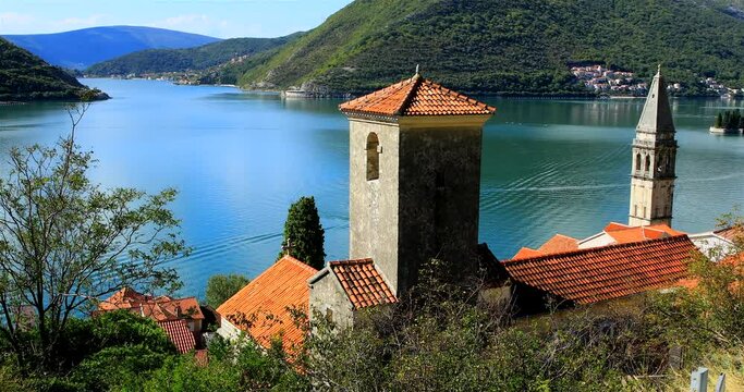 The boat moving to Perast old town from the islands, Montenegro