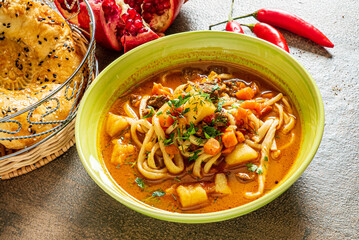 Laghman soup with meat and vegetables