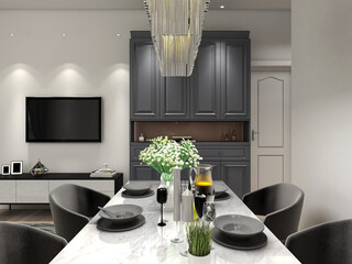 spacious dining room design next to the modern kitchen, with a beautiful dining table and greenery