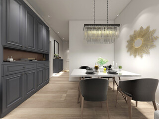 spacious dining room design next to the modern kitchen, with a beautiful dining table and greenery