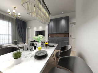 spacious dining room design next to the modern kitchen, with a beautiful dining table and greenery