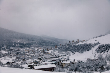 Winter landscapes of the high-altitude settlement of Mestia, Svaneti, Georgia. Swan towers. 