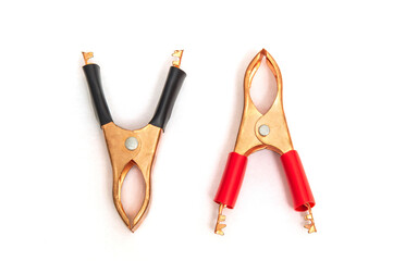 Copper alligator clip black and red for wires on white background