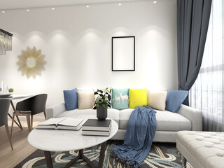 spacious living room design of modern residence, with sofa, tea table, decorative painting, etc