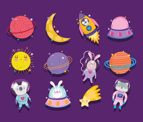 space adventure galaxy cartoon in style icons such as rocket animals star moon and sun