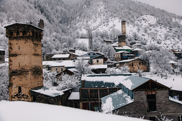 Winter landscapes of the high-altitude settlement of Mestia, Svaneti, Georgia. Swan towers. 