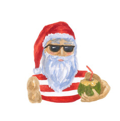 Tropical christmas, happy new year. Santa on the beach, ocean. Tourism. Holiday, vacation party. 