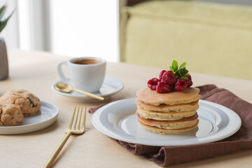 Stack of pancakes with  caramel syrup