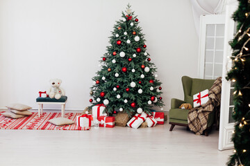Christmas tree with gifts decor New Year postcard