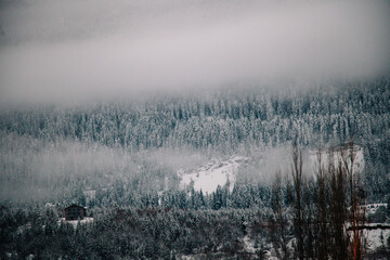 Fototapeta na wymiar Winter landscapes of the high-altitude settlement of Mestia, Svaneti, Georgia. Swan towers. 