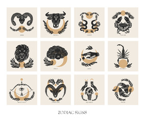 Set of Zodiac signs icons in boho style. trendy vector illustrations. - 393329726