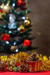 Christmas concept. Christmas cones on the background of the Christmas tree. Christmas decorations