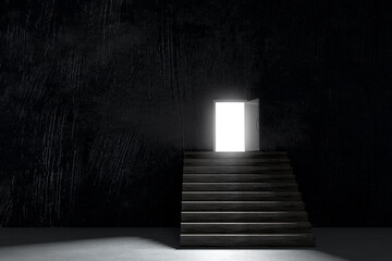 3D-Illustration zur Visualisierung eines Auswegs durch eine beleuchtete Treppe in einem dunklen Keller   - obrazy, fototapety, plakaty
