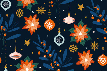 Seamless pattern with floral. Design of Christmas decoration. Christmas background with branches, berries, flowers and glass balls. Can be used for winter holiday invitations, greeting cards, prints.