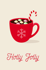 Cute cozy Christmas or new year card with a mug of hot chocolate and gingerbread. Lettering 