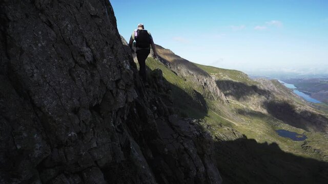 A thin dangerous mountain ledge in North Wales UK