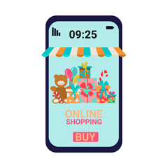 online shopping on smartphone. Choose and buy holiday gifts using the app on your mobile phone. Vector illustration in flat style isolated on a white background.Phone screen with Internet app