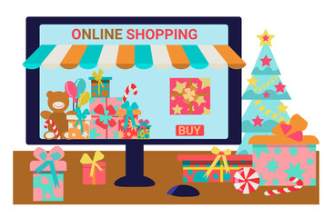 Online shopping on a computer at home. Choosing and buying gifts on the website on your computer. Desktop with computer, Christmas tree and gifts. Vector illustration in flat style.