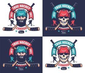 Hockey club emblem in vintage style. Hockey player head and skull in helmet with crossed sticks. Vector illustration.
