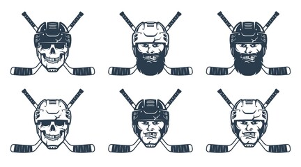 Hockey player head and crossed sticks. Hockey emblem template. Vector retro illustration. © Agor2012