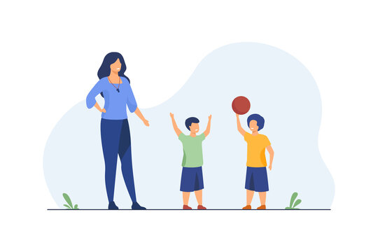 Sport Coach Standing At Kids Playing Ball. Teacher, Trainer, Instructor Flat Vector Illustration. Physical Education, Basketball, School Activity Concept For Banner, Website Design Or Landing Web Page