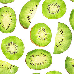 Fototapeta premium Watercolor seamless pattern with kiwi fruit isolated on white background.
