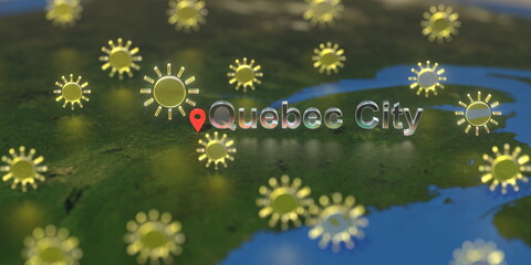 Sunny weather icons near Quebec City on the map, weather forecast related 3D rendering