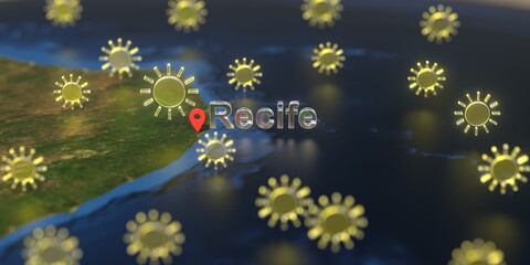 Sunny weather icons near Recife city on the map, weather forecast related 3D rendering