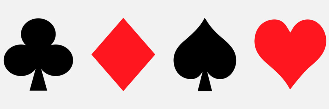 Set of four playing cards suits symbols, spade, heart, club and diamond. Simple flat style. Design for your web site design, logo, app, UI. Poker card suits symbol. Isolated on white background.

