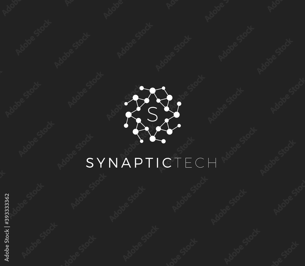 Poster Synapse structure, abstract vector logo concept. Synaptic tech emblem, isolated icon on white background. Round dot surface logotype for innovate medical business and digital technology startup