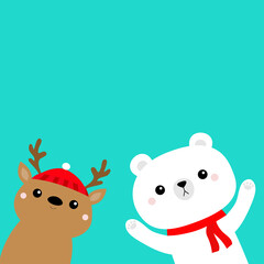 White polar bear in red scarf. Deer in Santa hat. Merry Christmas. Hello winter. Cute cartoon kawaii baby character. Happy New Year. Arctic animal face head set. Flat design. Blue background.