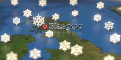 Glasgow city and snowy weather icon on the map, weather forecast related 3D rendering